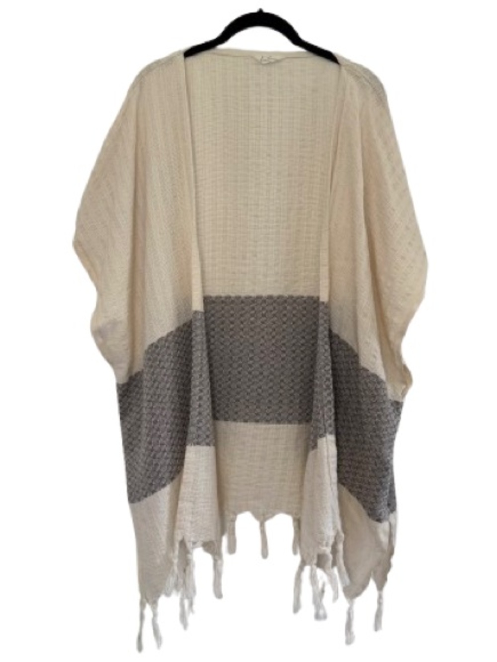 Heartloom Open Front Fringe Trim Shawl Cardigan Coverup Boho Cream Grey Cotton
